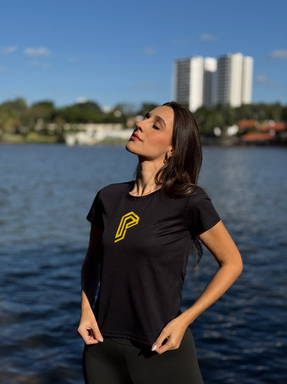 Camiseta Baby Look Feminina Dry Fit Tradicional Preta com Proteção UV