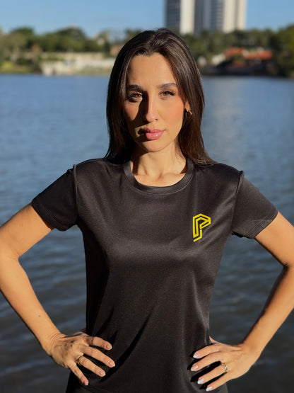 Camiseta Baby Look Feminina Dry Fit Tem Que Ter Fome Preta com Proteção UV