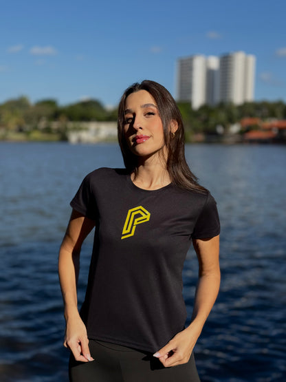 Camiseta Baby Look Feminina Dry Fit Tradicional Preta com Proteção UV