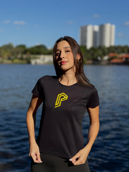 Camiseta Baby Look Feminina Dry Fit Tradicional Preta com Proteção UV